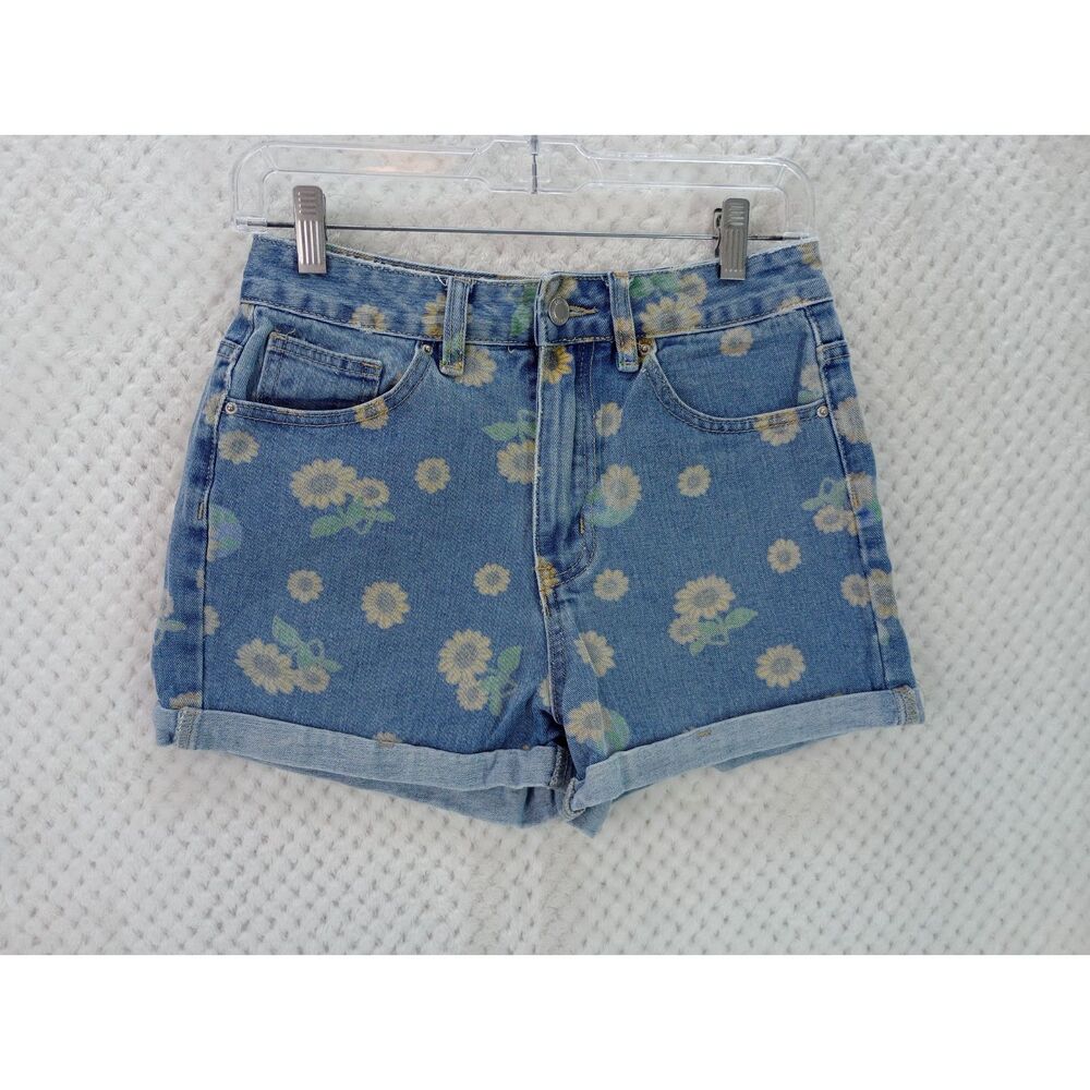Cali 1850 Women's 5 Floral Sunflower High Rise Denim Jean Roll Cuff Shorts